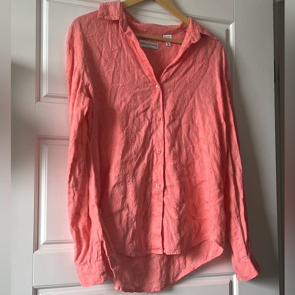 NWOT Dana Buchman Linen Coral Button-Down Shirt W/Embroidery. Size 6/S. - Picture 3 of 15
